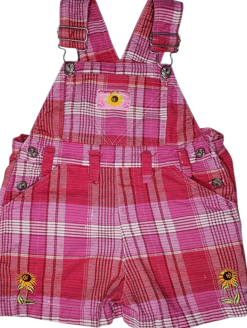 Vintage Youngland Pink Plaid Sunflower Embroidered Shortalls 2T